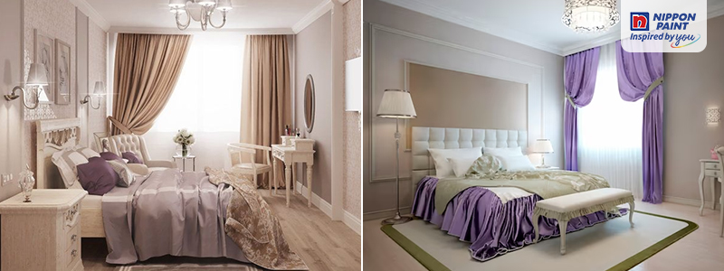purple and beige colour combinations of bedroom interior