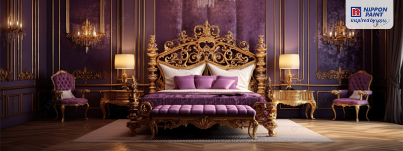 purple and gold colour combinations of bedroom interior