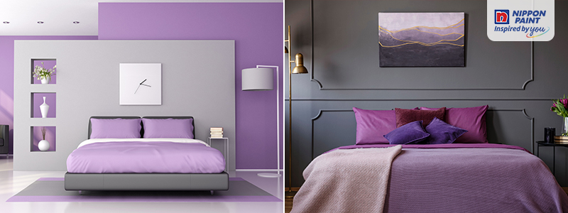 purple and grey colour combinations of bedroom interior