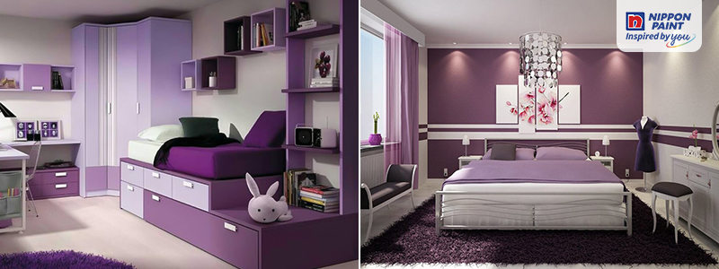 purple and white colour combinations of bedroom interiior