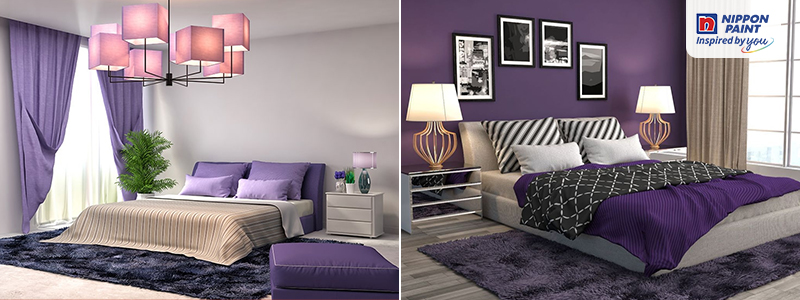 purple and blue colour combinations of bedroom interior