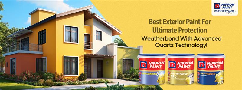 A modern house with a freshly painted, weather-resistant exterior in vibrant colors, showcasing durability and protection against harsh weather