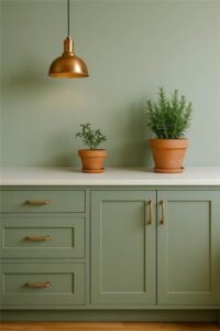 Sage green kitchen cabinets, copper handles, and terracotta planters.