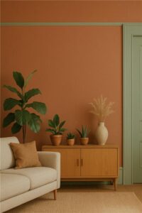Clay accent wall with sage bookshelf in a sunlit modern living room.