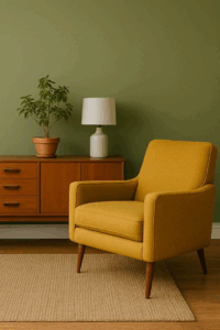 Olive wall, mustard armchair, teak sideboard—mid-century ambience.